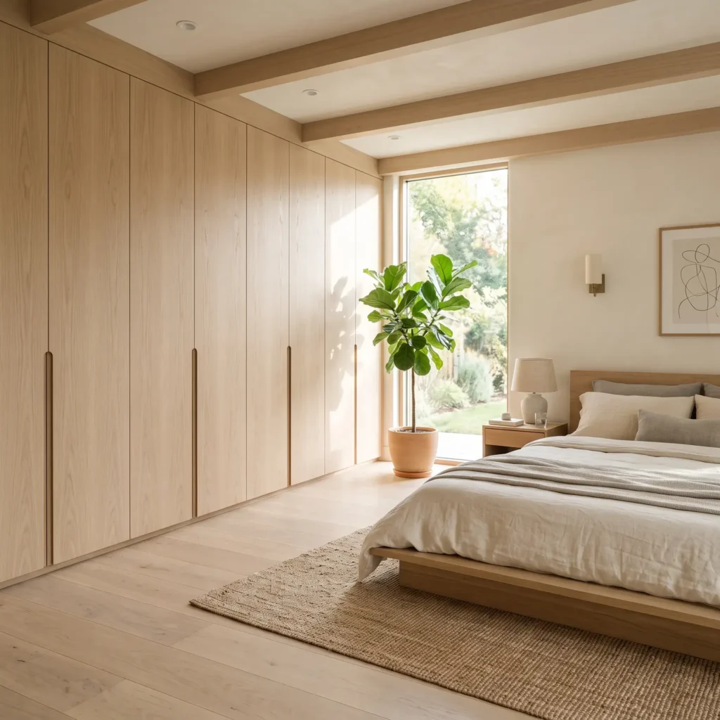 Floor to ceiling flat panel pale wood wardrobes creating a clean, seamless storage wall in a modern Japandi bedroom.