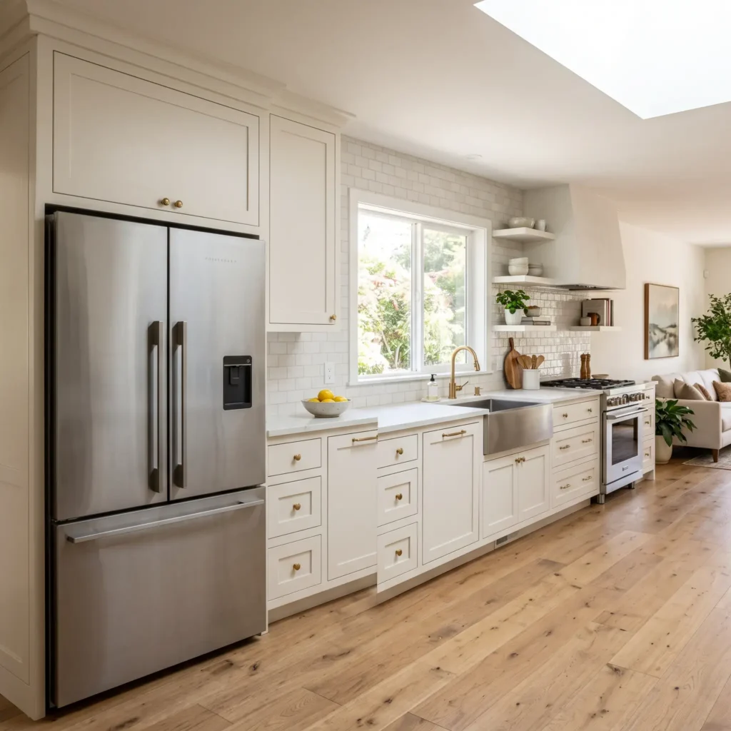 Built-in refrigerator enclosure using a full-depth wood gable panel in a linear kitchen layout.