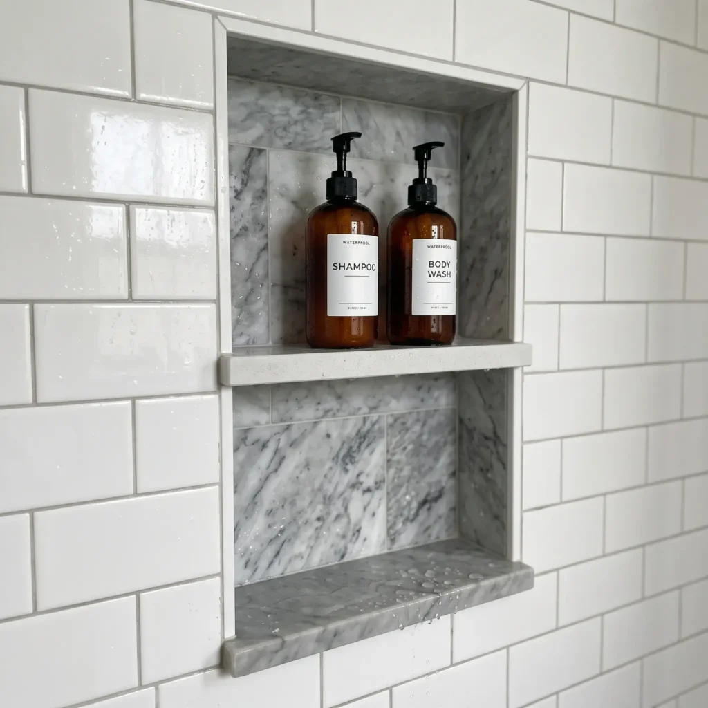 Built-in tiled shower niche with a sloped bottom ledge holding amber bottles.