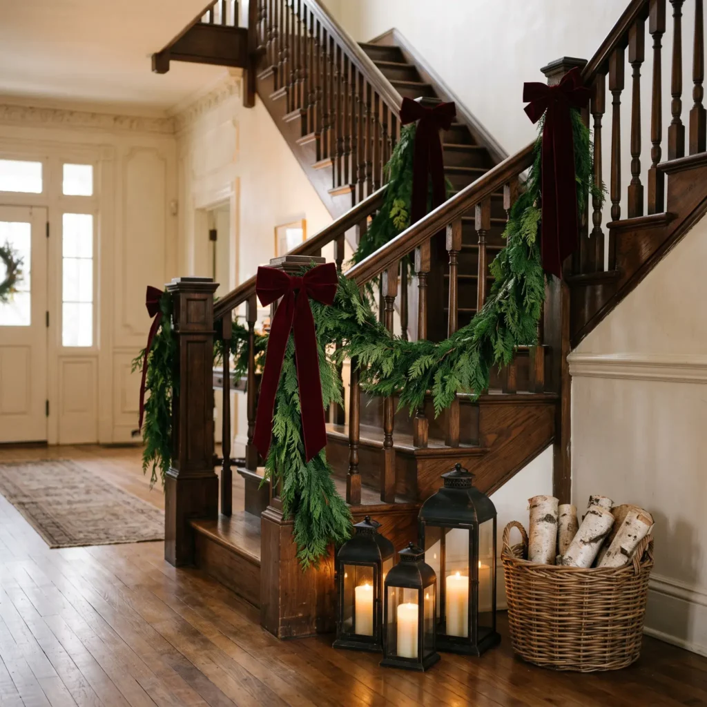 Entryway staircase banister adorned with a lush evergreen garland and cascading burgundy velvet ribbons.