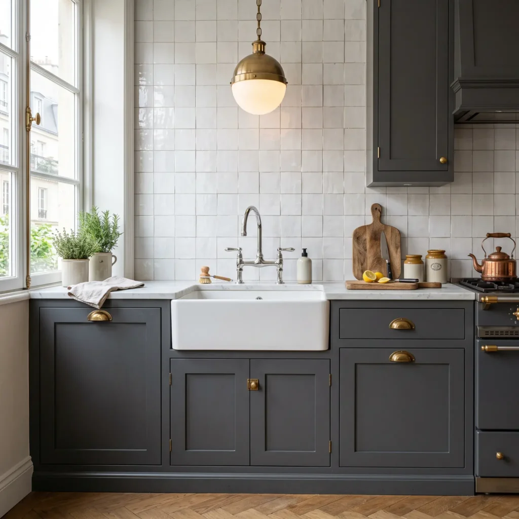 Parisian bistro kitchen with deep slate cabinets, burnished brass bin pulls, a polished chrome bridge faucet, and opal glass globe pendants.
