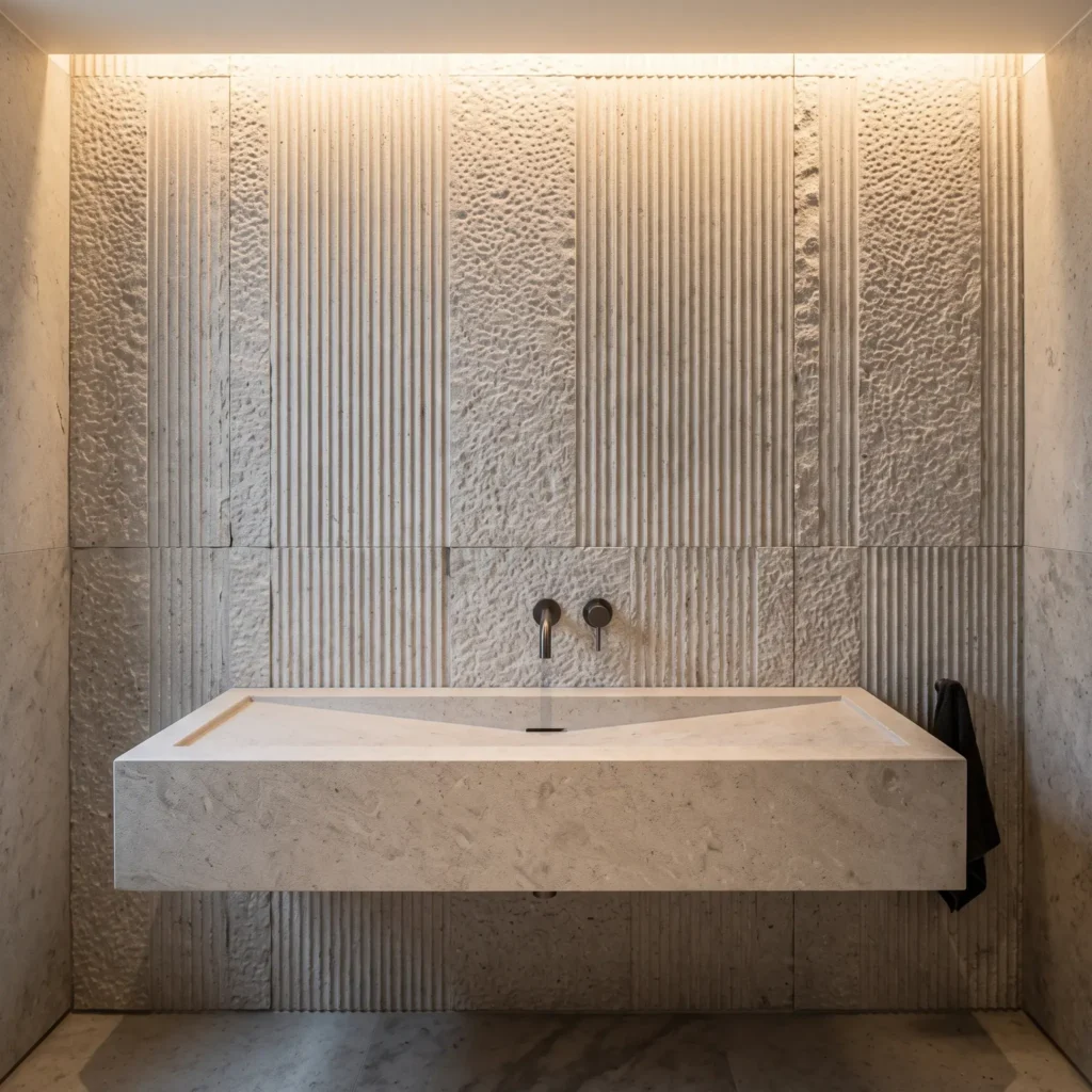 Textured bush-hammered French limestone wall tiles behind a wall-mounted stone vessel sink