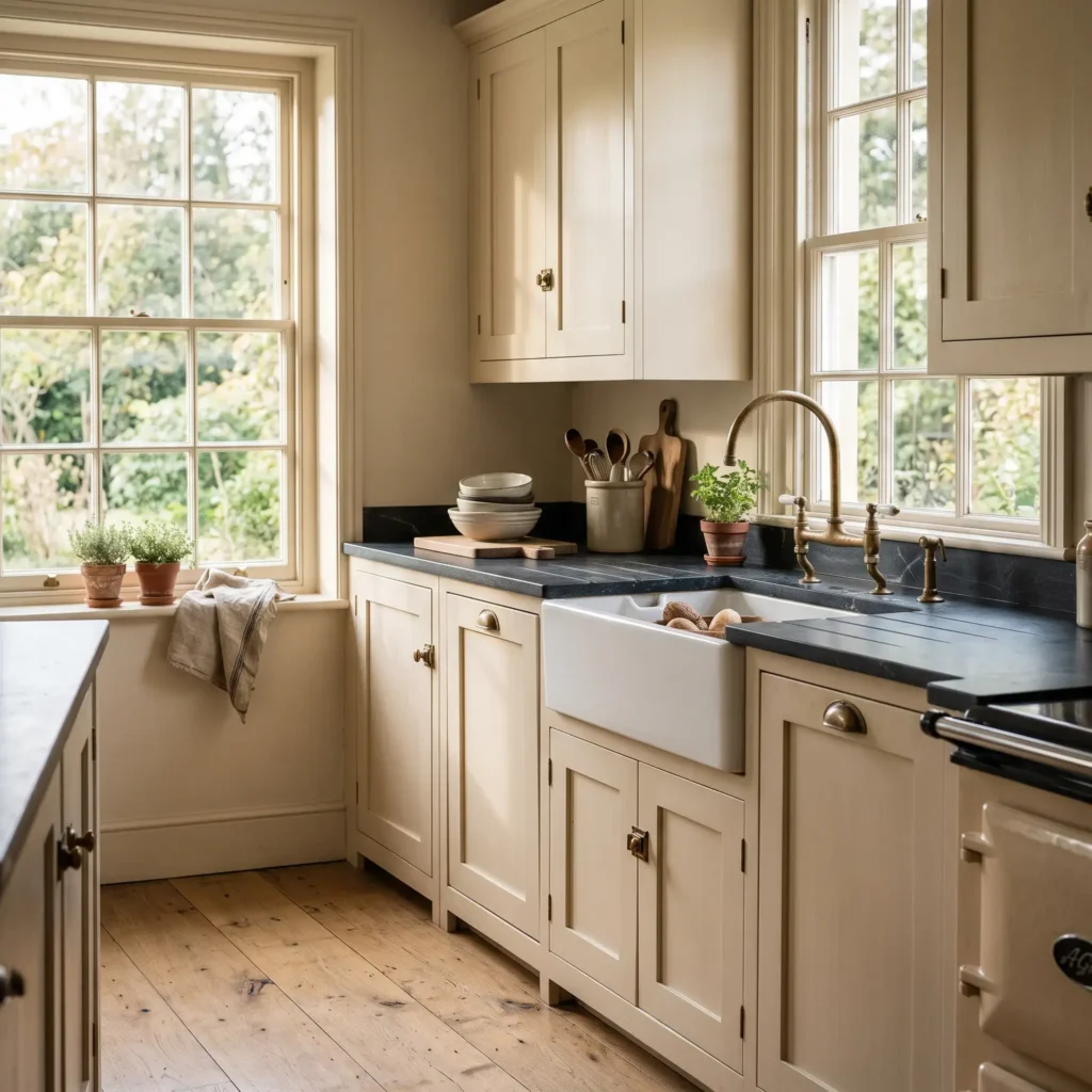  Inset butter yellow kitchen cabinets with honed black soapstone countertops and unlacquered brass hardware in an English country kitchen.