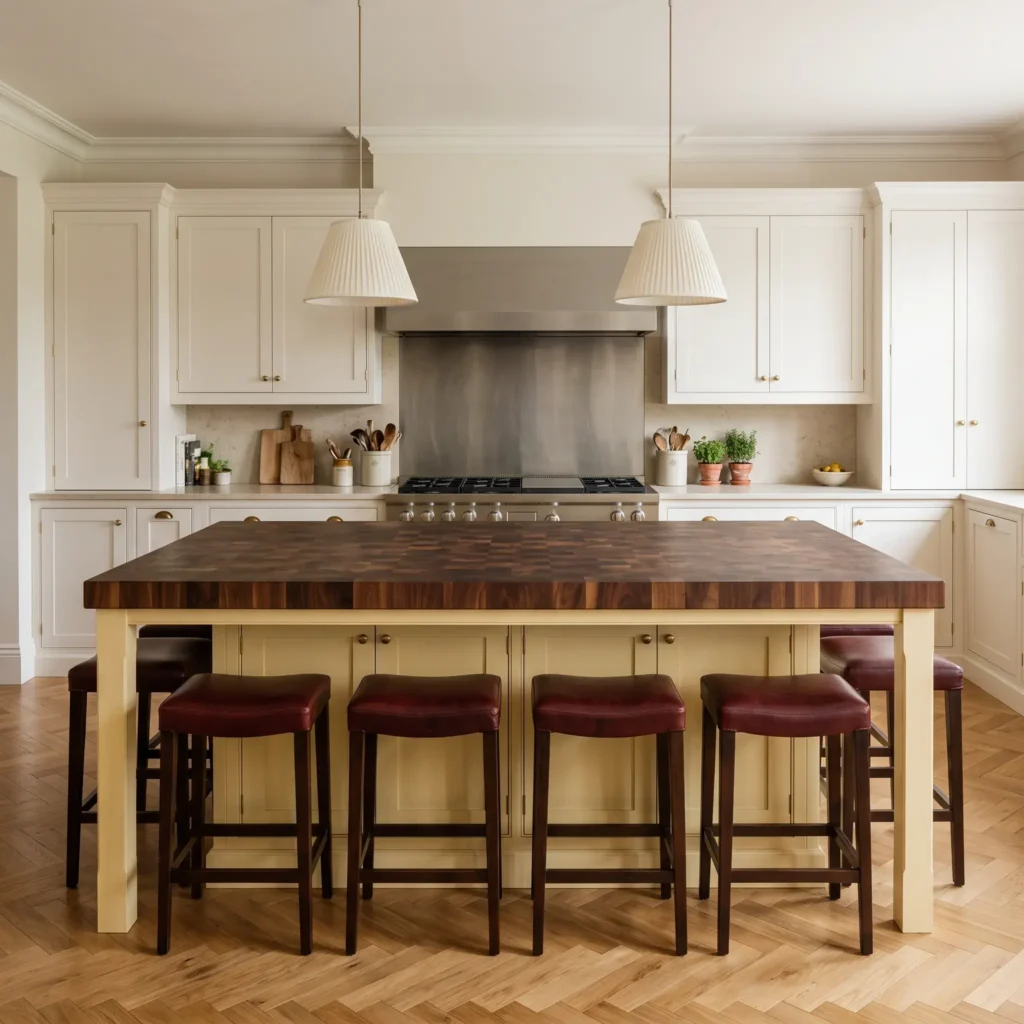 Large buttermilk yellow kitchen island with dark walnut barstools and off-white perimeter cabinets.