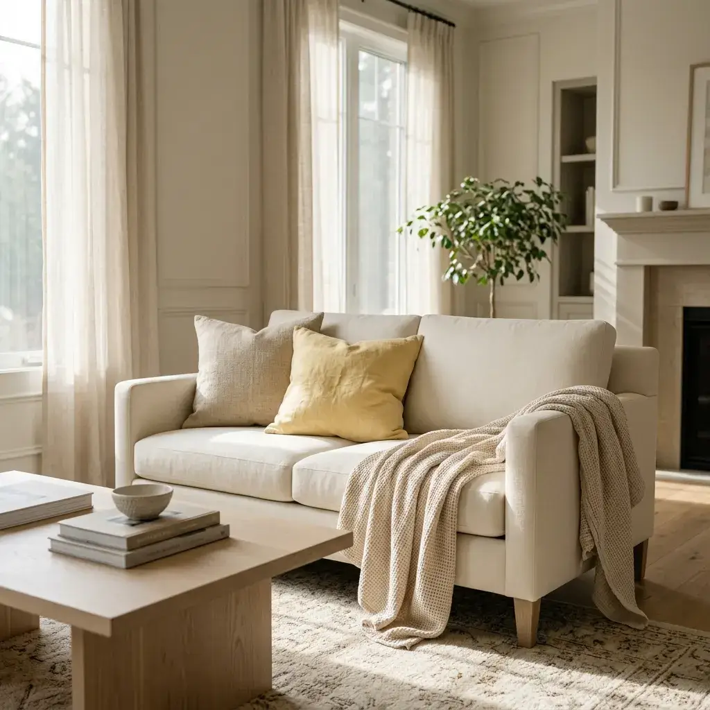 Living room sofa styled with butter yellow linen cushions and a natural oat waffle blanket beside a sunny window.