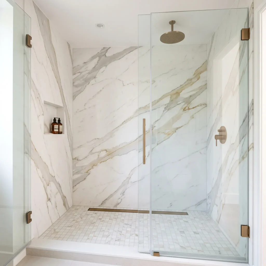 Compact walk-in shower with continuous Calacatta gold porcelain slab walls and zero grout lines.