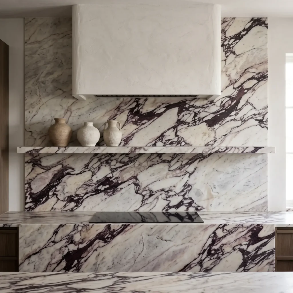 Full-height Calacatta Viola marble backsplash and countertop with a plaster range hood and induction cooktop.