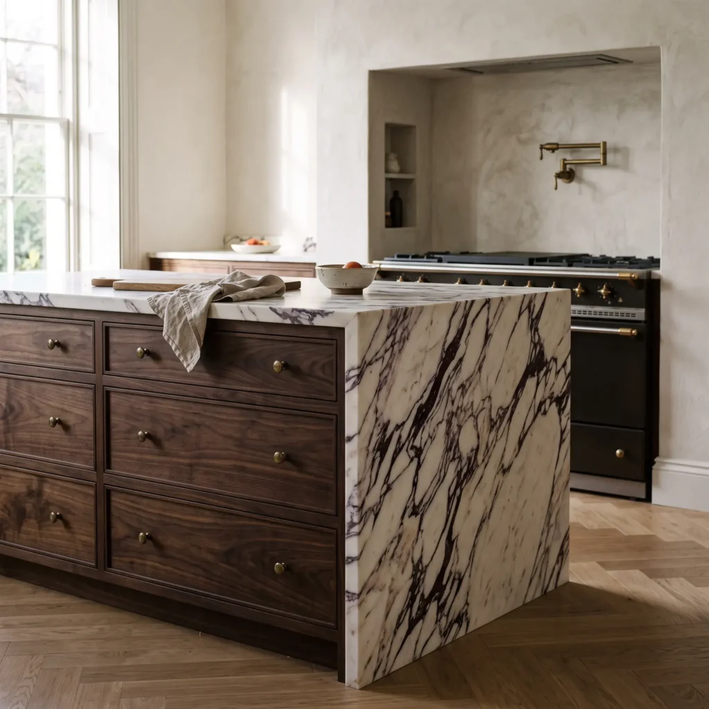 Modern kitchen featuring a honed Calacatta Viola marble island and dark walnut inset cabinetry with brass fixtures.