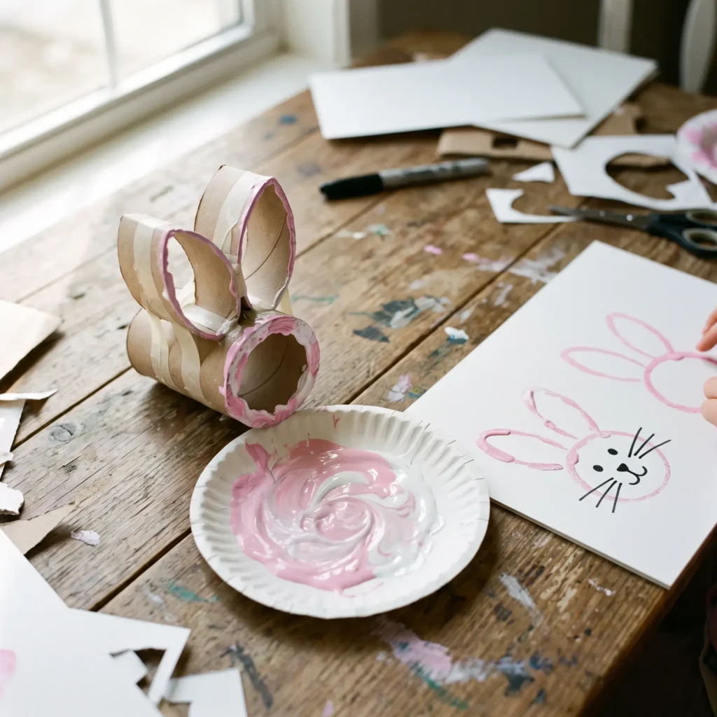 Toddler Easter craft featuring cardboard toilet paper roll bunny stamps and pastel tempera paint on paper.