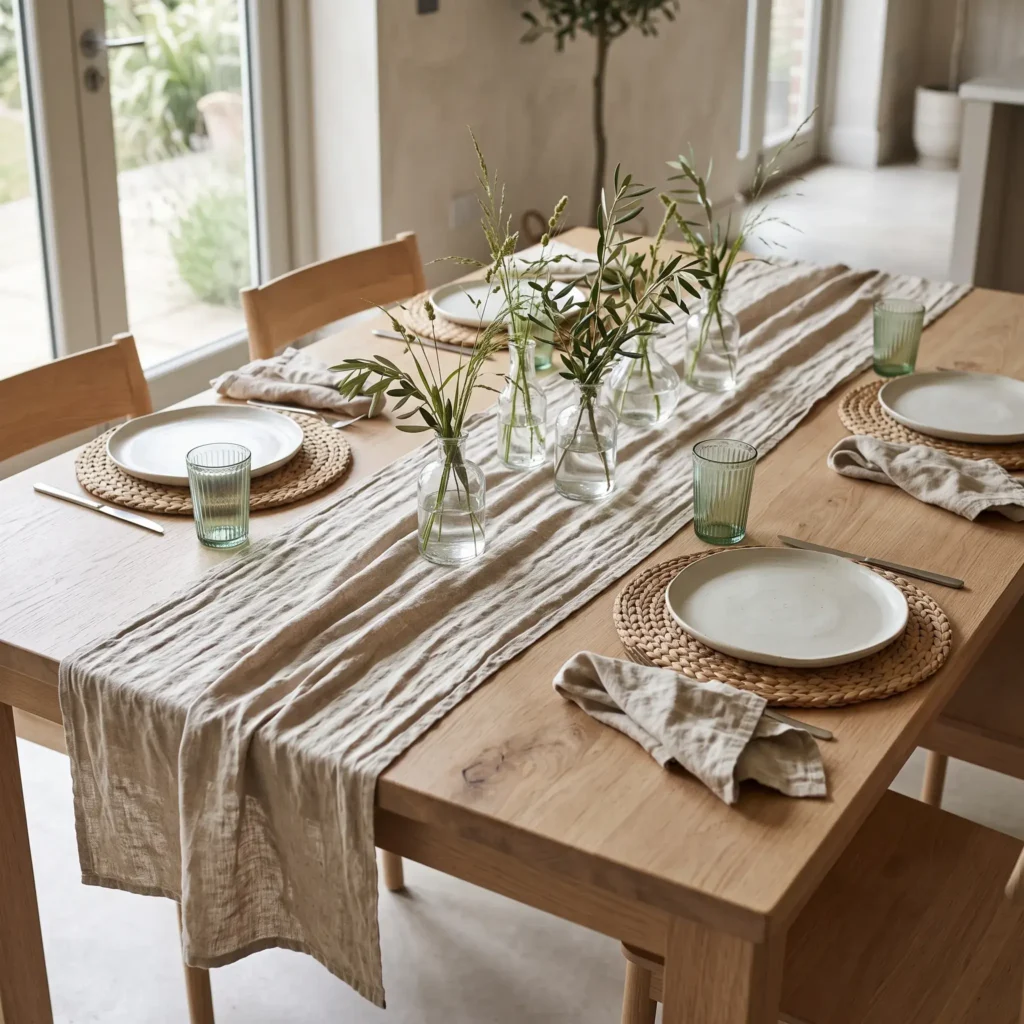 Natural wood dining table set with an unpressed linen runner, woven abaca placemats, and clear bud vases with green stems.