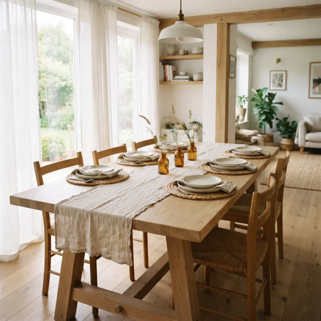 Dining room table featuring an un-ironed linen runner, braided round placemats, and small amber glass vases.