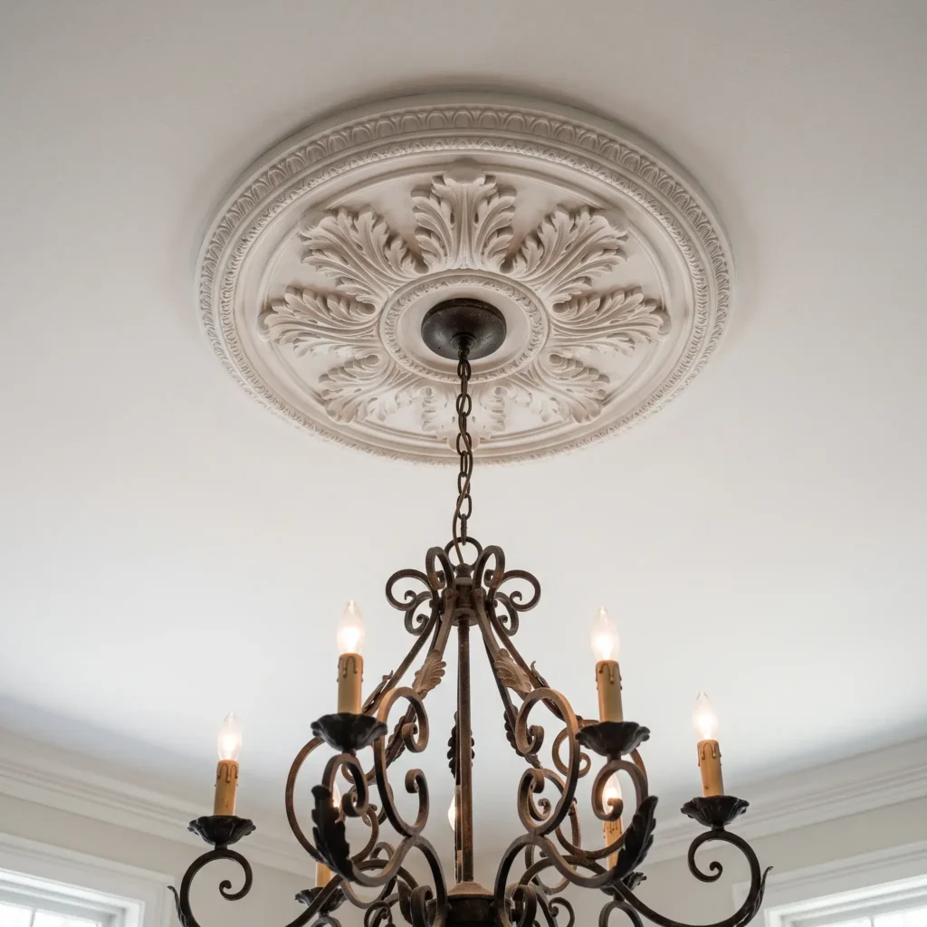  Carved polyurethane ceiling medallion surrounding an aged iron French bedroom chandelier