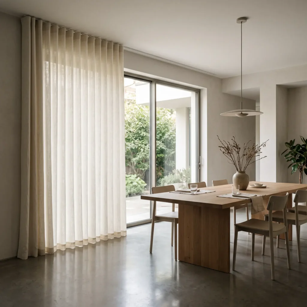 Off-white ripple fold curtains hanging from a flush ceiling track across modern glass patio doors.