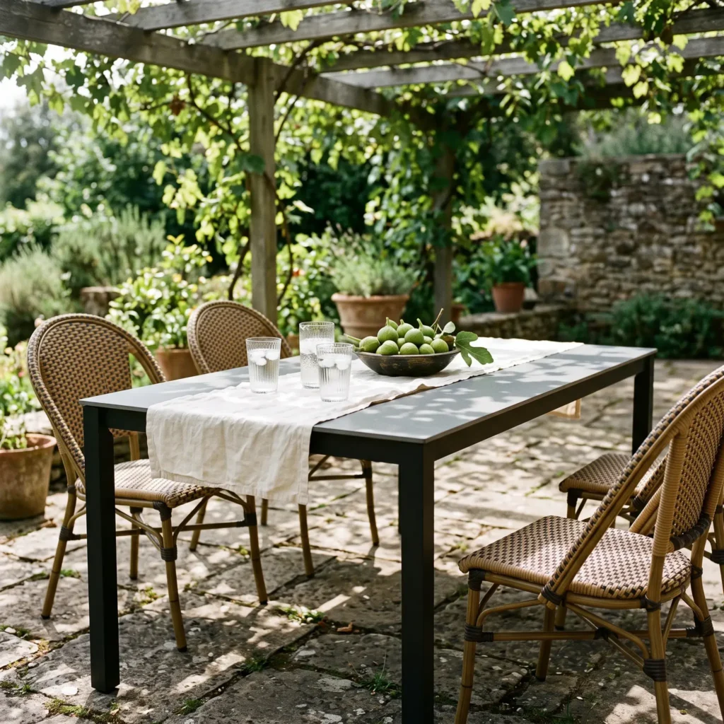 Charcoal gray ceramic-top outdoor dining table styled with a cotton runner and bistro chairs on a stone patio.
