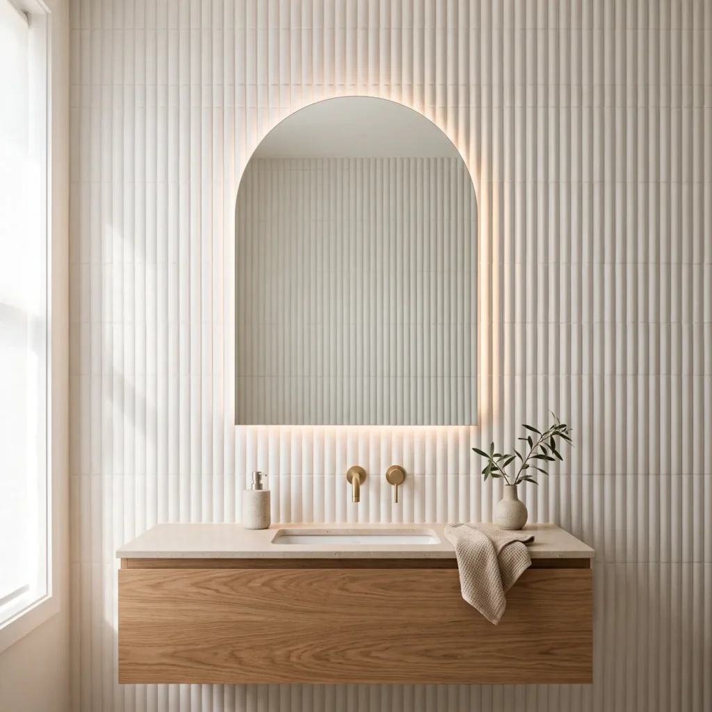 Vertical fluted chalk white porcelain wall tiles behind a modern floating oak vanity with brushed brass hardware