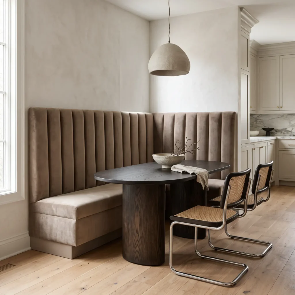 Modern breakfast nook featuring vertical channel-tufted backrest upholstery mounted flush against the wall.