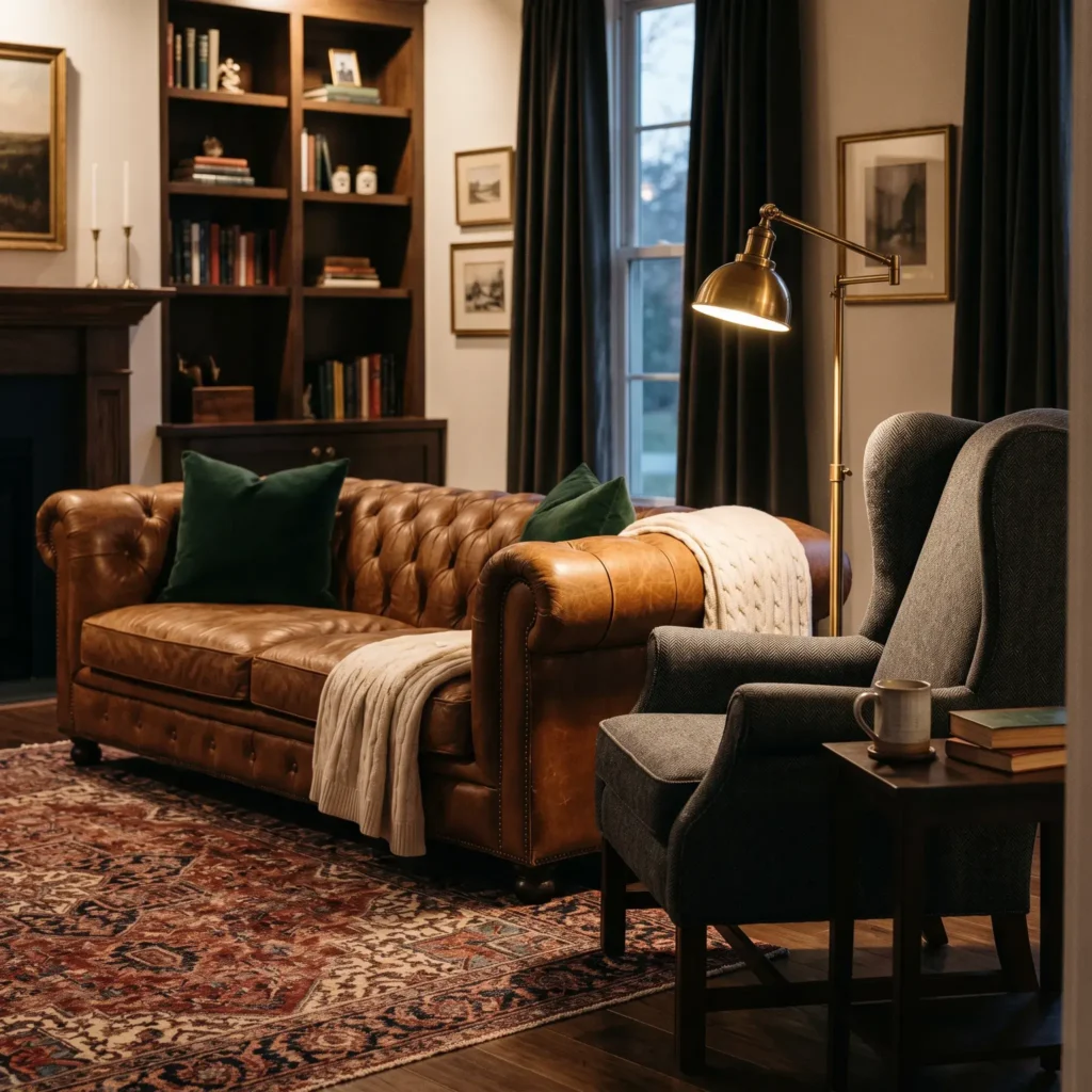Cognac leather Chesterfield sofa paired with a wool herringbone armchair and green velvet accent pillows.