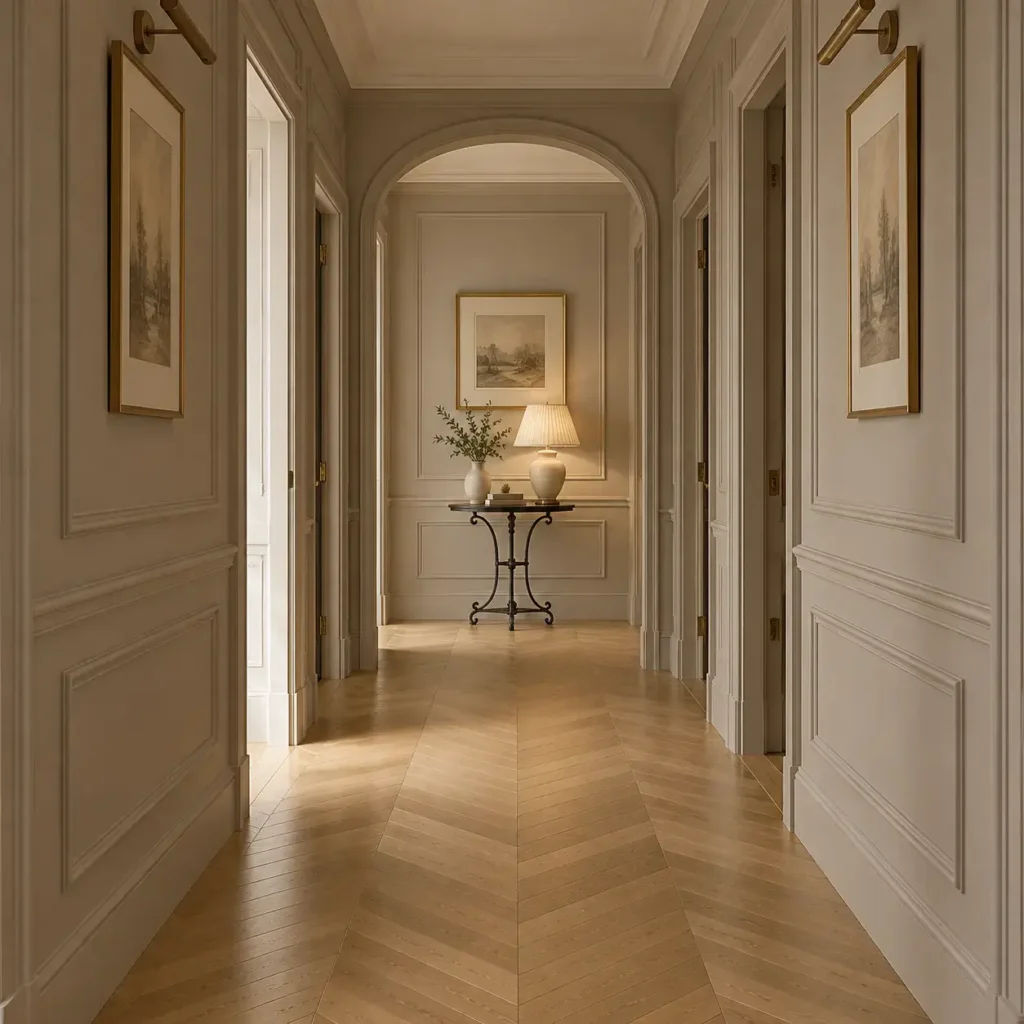 Traditional hallway featuring chevron patterned oak flooring and applied wall picture frame molding in taupe.