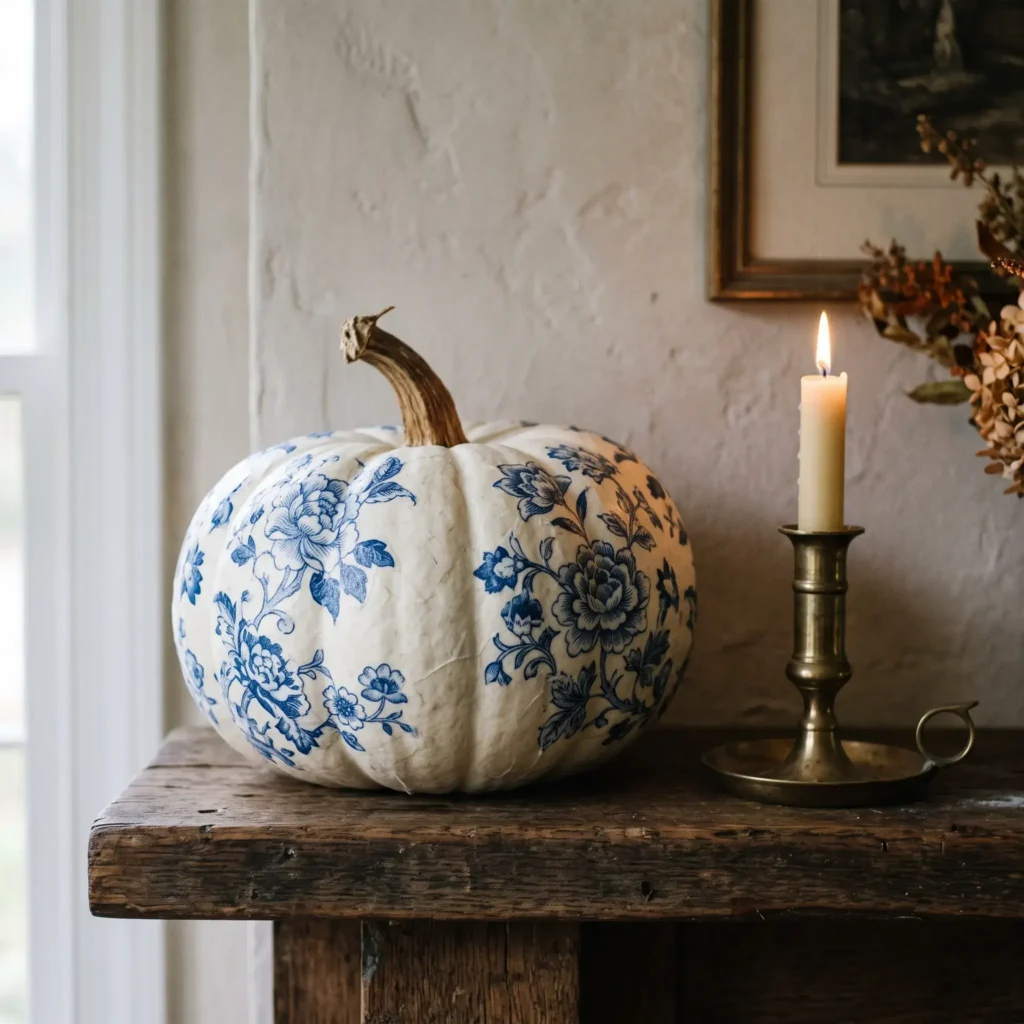 White Casper pumpkin decorated with blue and white Chinoiserie floral decoupage on an oak mantel.