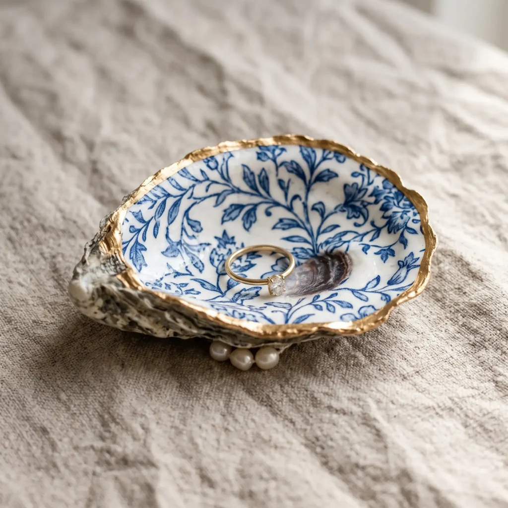 Blue and white floral decoupage oyster shell trinket dish with gold gilded rim holding diamond rings on a linen table.