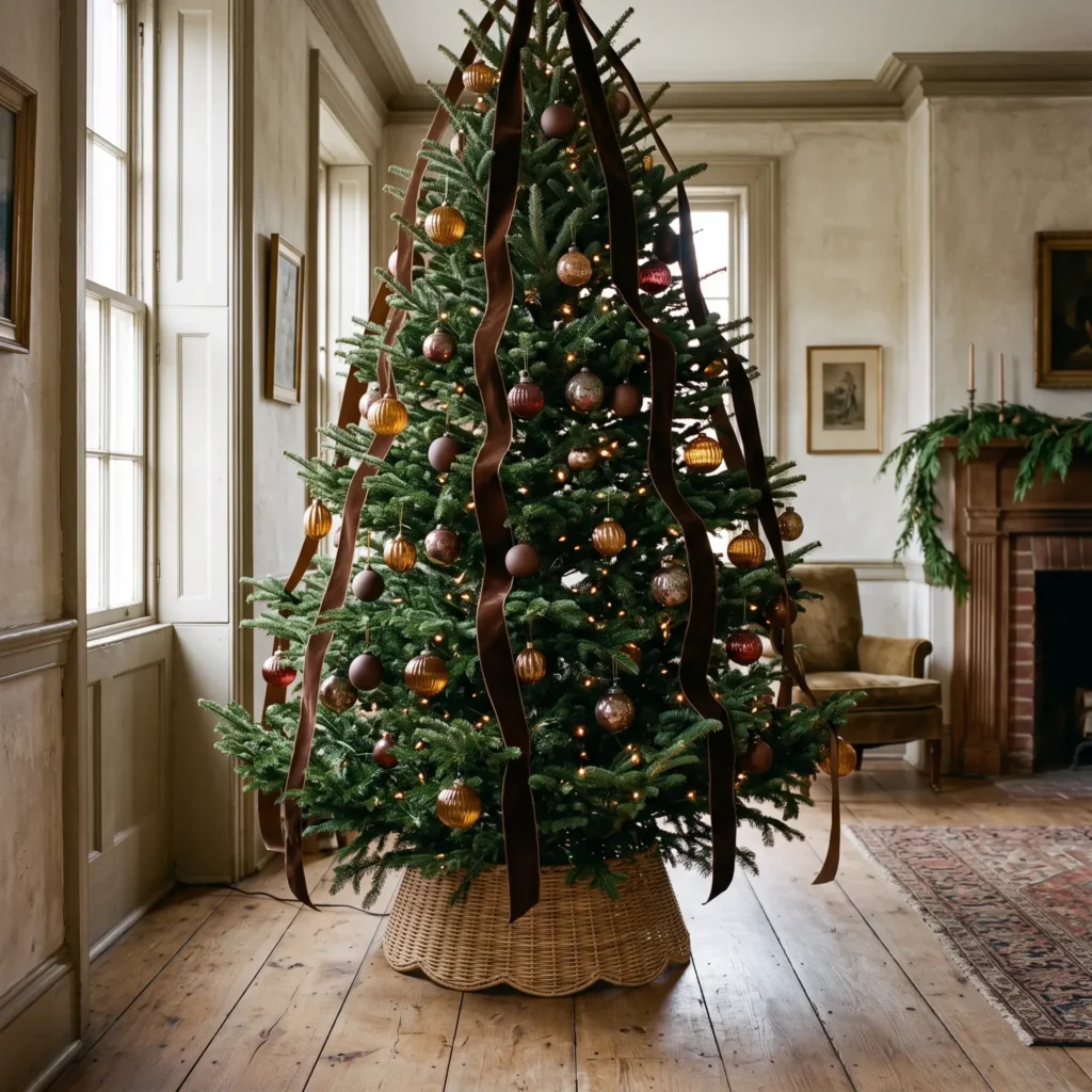 Lush green Christmas tree decorated with vertical chocolate brown velvet ribbons and amber glass ornaments.