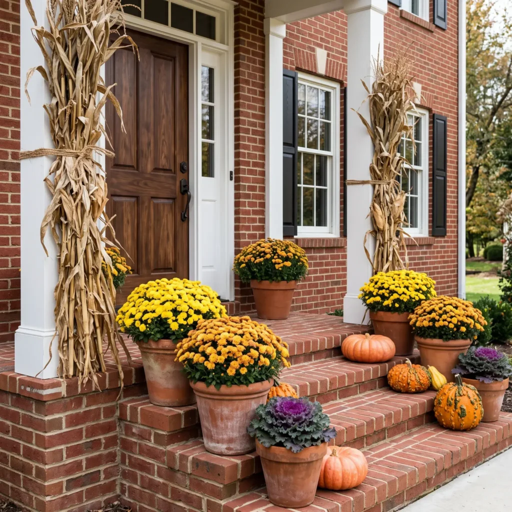 Red brick entryway decorated with corn shocks, orange Cinderella pumpkins, and yellow potted mums.
