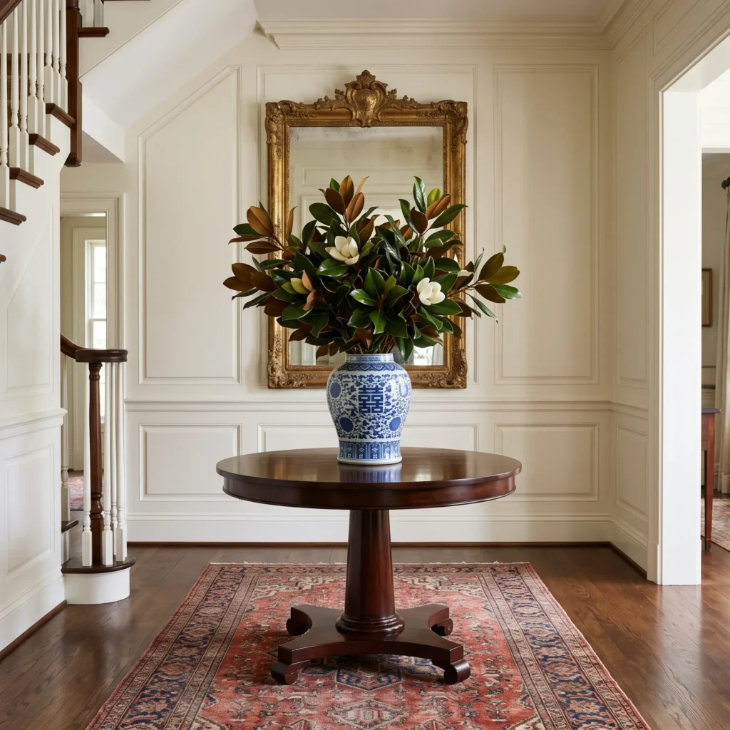 Classic grand foyer featuring a round mahogany table, tall ceramic vase with fresh branches, and an antiqued gold wall mirror.