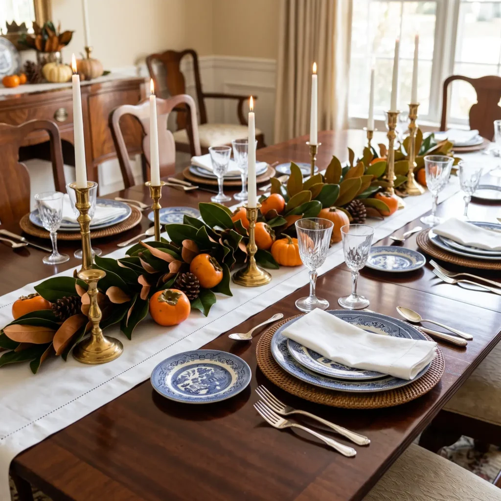 Classic Thanksgiving table setting with blue transferware plates, woven rattan chargers, fresh persimmons, and polished brass candlesticks.