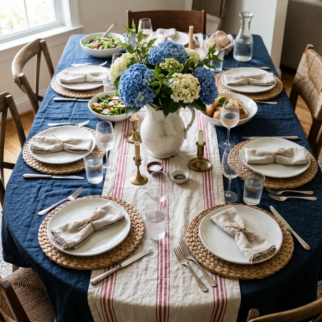 Summer dining table set with navy linen, red ticking stripe runner, ironstone pitcher filled with blue hydrangeas, and woven placemats.