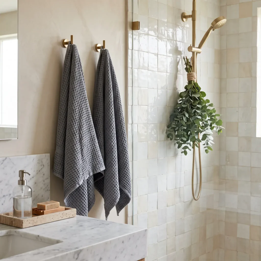 Bright bathroom featuring hung waffle weave bath towels, a bundle of fresh eucalyptus tied behind the showerhead, and a travertine vanity tray.
