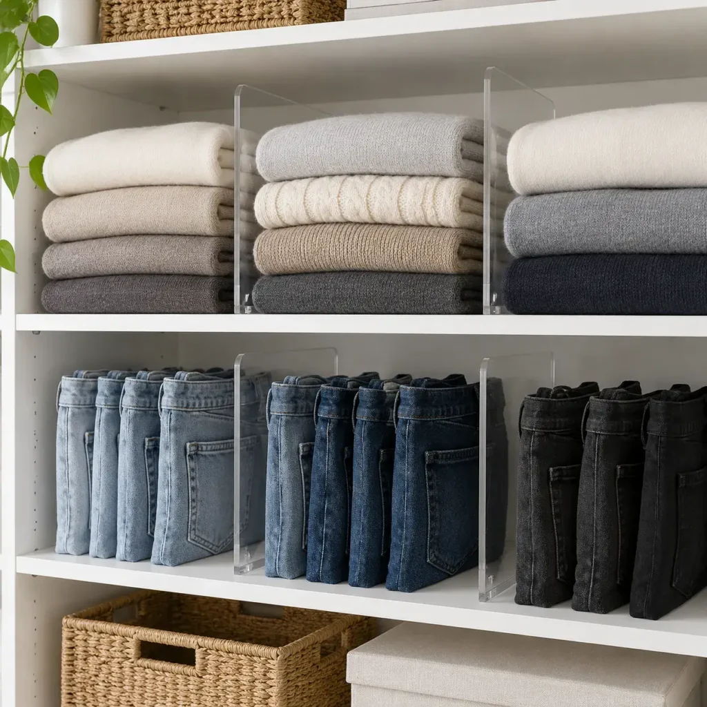 Clear acrylic dividers separating neat stacks of folded knitwear on white wooden shelves.