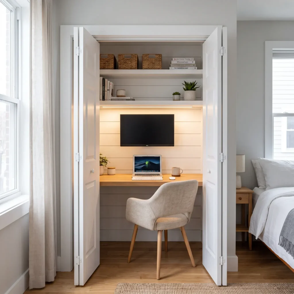 Built-in closet desk layout with a wall-hung oak desktop, floating shelves, and folded bifold doors.