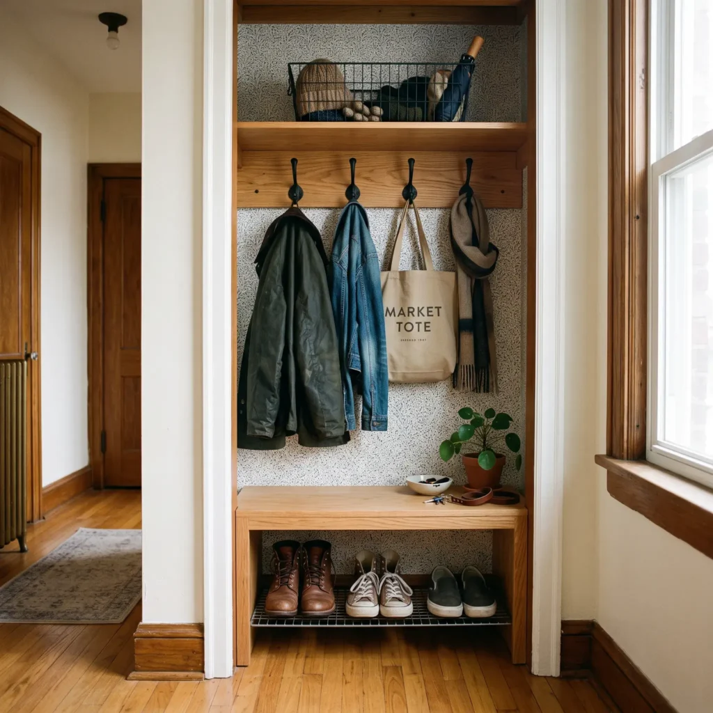 Small apartment closet with doors removed, converted into an open entryway mudroom nook with bench.