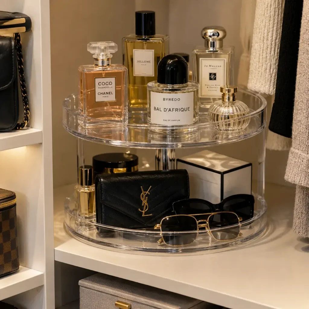 Two-tier clear turntable rotating on a closet shelf holding perfumes and small leather goods.