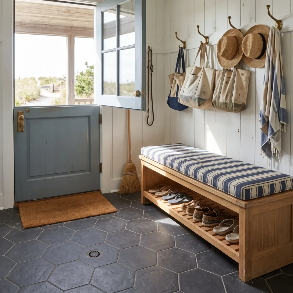 Beach house sand room with vertical shiplap walls, brass hooks, sitting bench, and charcoal hexagonal floor tiles.
