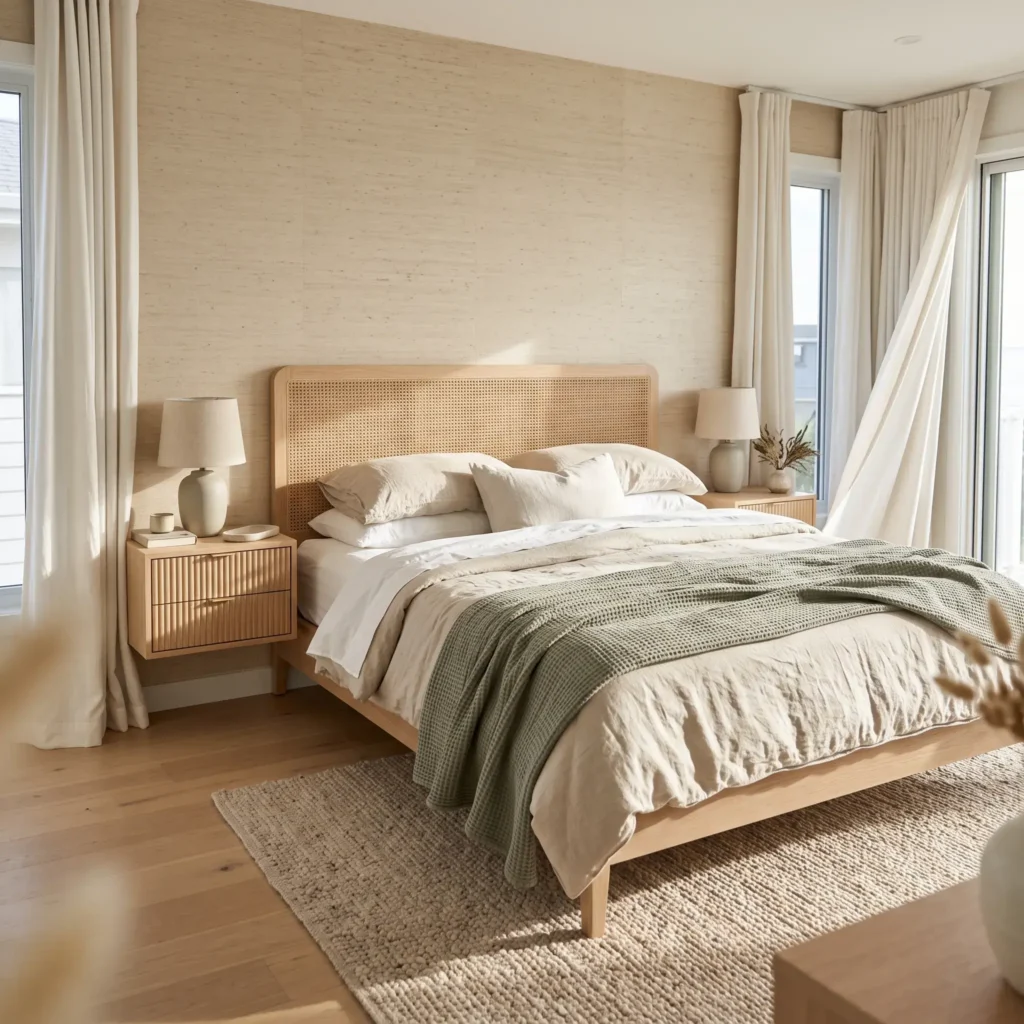 Serene coastal bedroom with a natural cane bed frame, layered oatmeal linen bedding, and light grasscloth wall treatment.