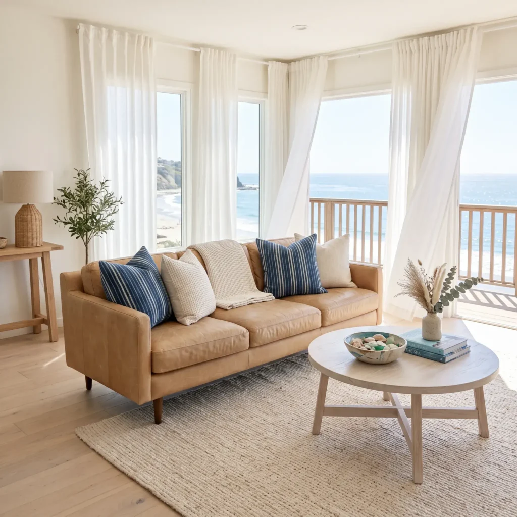 Coastal living room styling featuring a camel leather sofa, bleached jute rug, and washed navy blue accents.