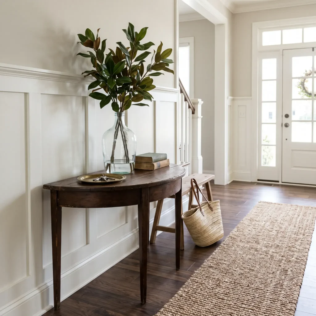 Classic home entryway featuring white wainscoting, a dark wood demilune console table, and a natural jute runner rug.