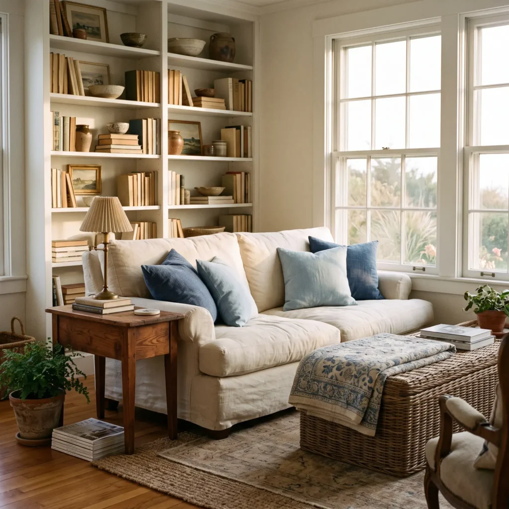 Coastal grandmother living room featuring a deep cream roll-arm sofa, vintage wood side table, and classic bookshelves.
