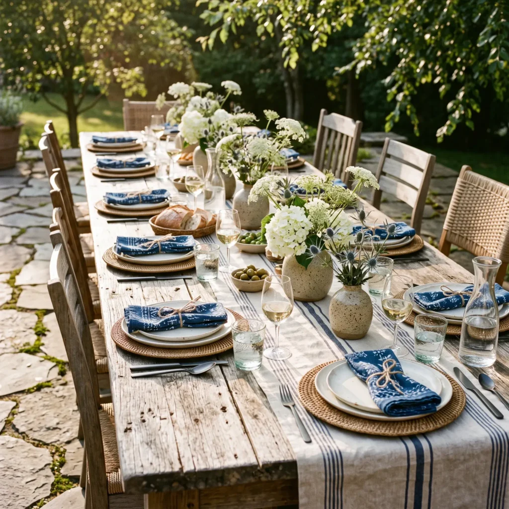 Outdoor wooden dining table set with navy ticking stripe runner, rattan chargers, and white hydrangea centerpiece.