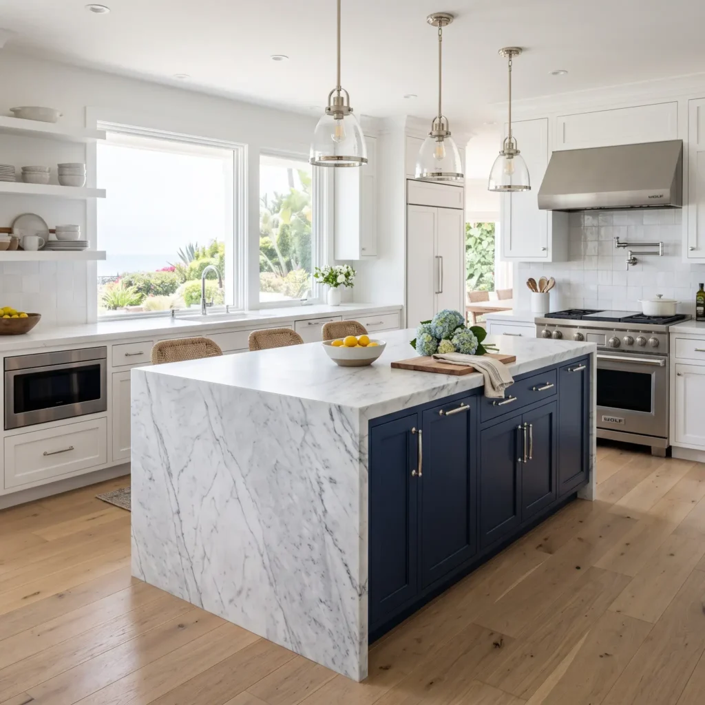 Deep blue kitchen island with Emtek polished nickel pulls and white marble countertops.