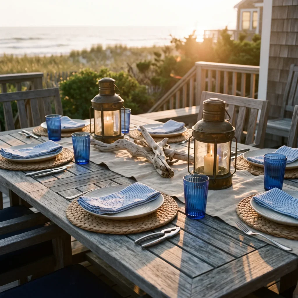 Coastal summer outdoor dining setup with a weathered wood table, brass ship lanterns, cobalt glasses, and blue seersucker napkins.