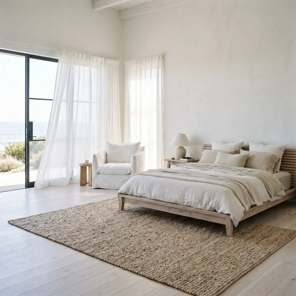Coastal neutral white bedroom styled with a bleached wood headboard, coarse woven jute rug, and white slipcovered armchair.