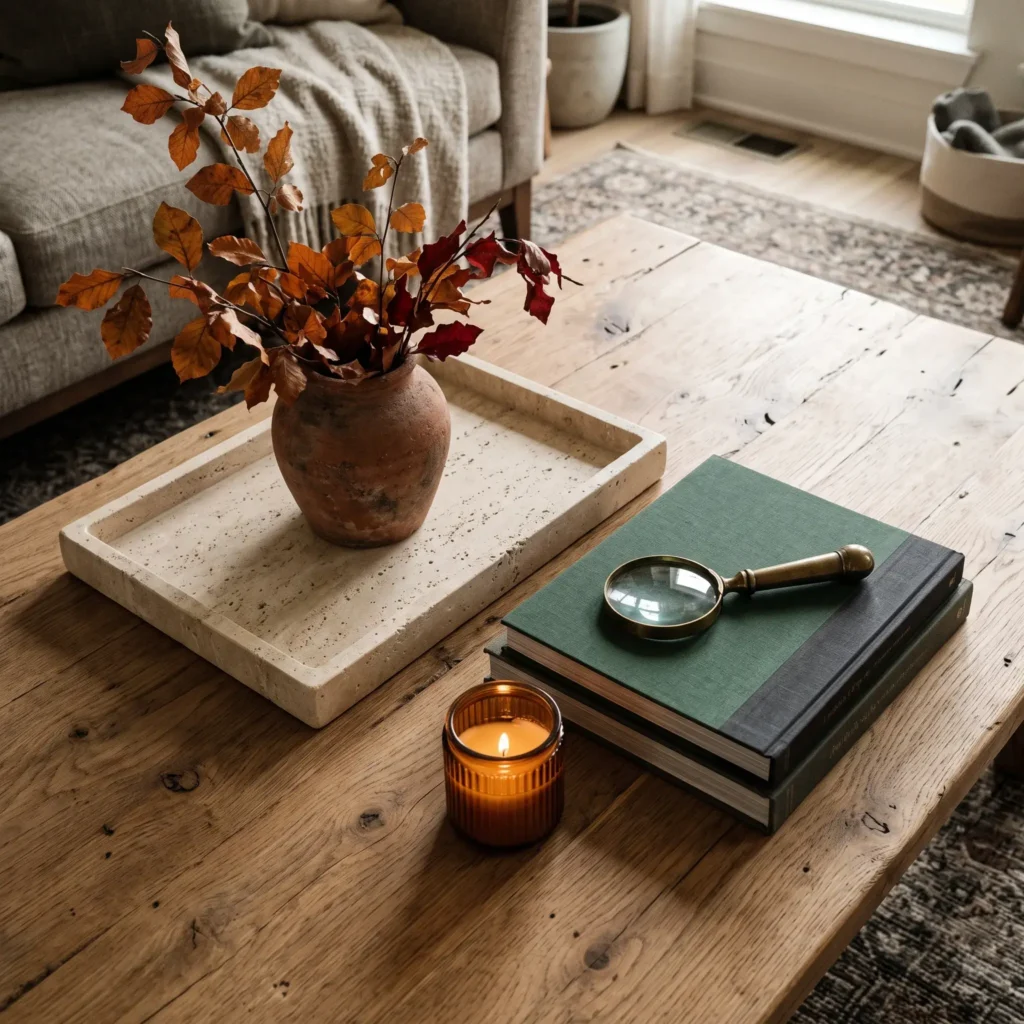 Coffee table tray vignette styled for autumn with hardbound books, a terracotta vase with branches, and an amber candle.