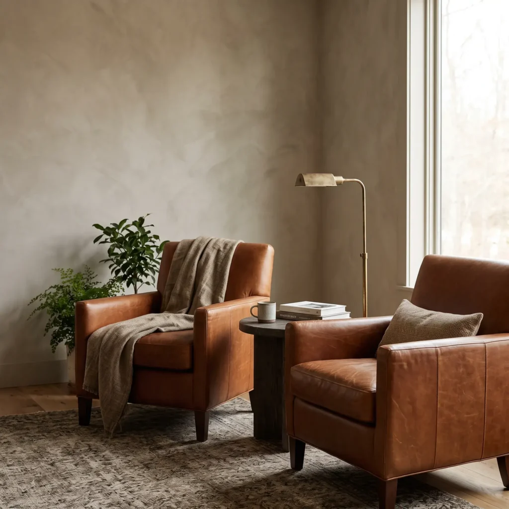Two cognac leather club chairs sitting against a textured warm greige plaster wall in a bright living room.