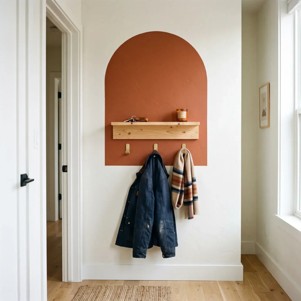 Painted terracotta accent arch on an apartment wall with a slim floating wood ledge and brass coat hooks.