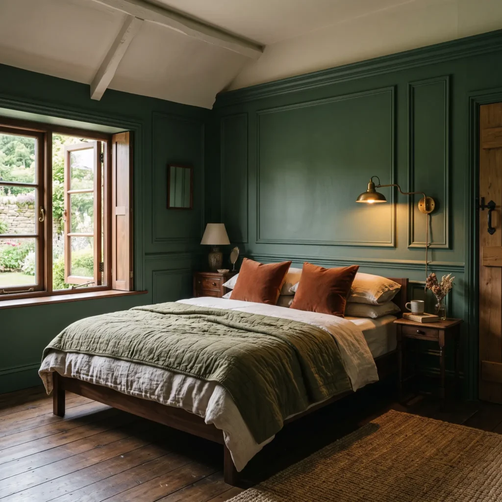 Color-drenched moody green bedroom with matching trim, dark walnut bed frame, and brass wall sconces.