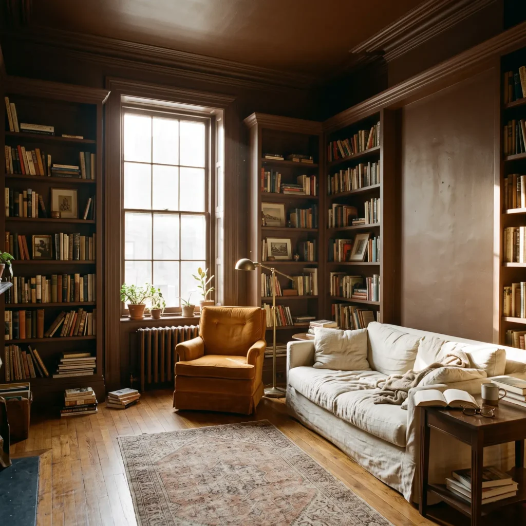 Living room with chocolate brown color drenching on walls and trim with an unlacquered brass floor lamp.