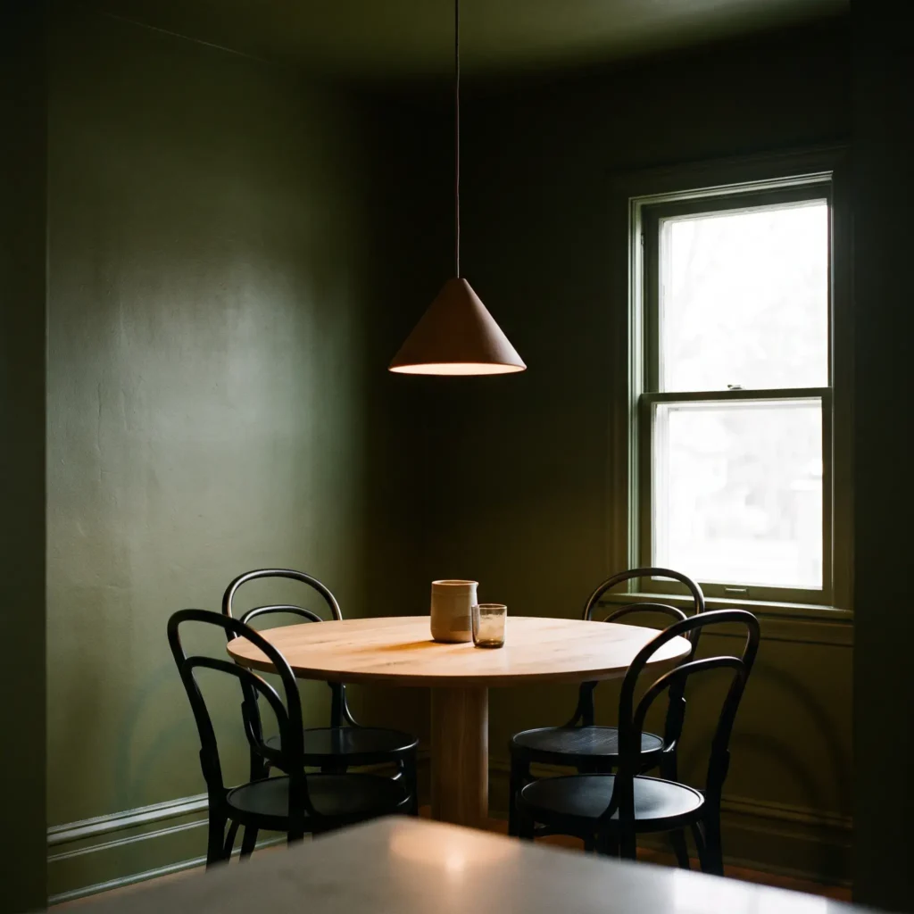 Intimate dining space painted entirely in deep olive green with a round oak table and pendant light.