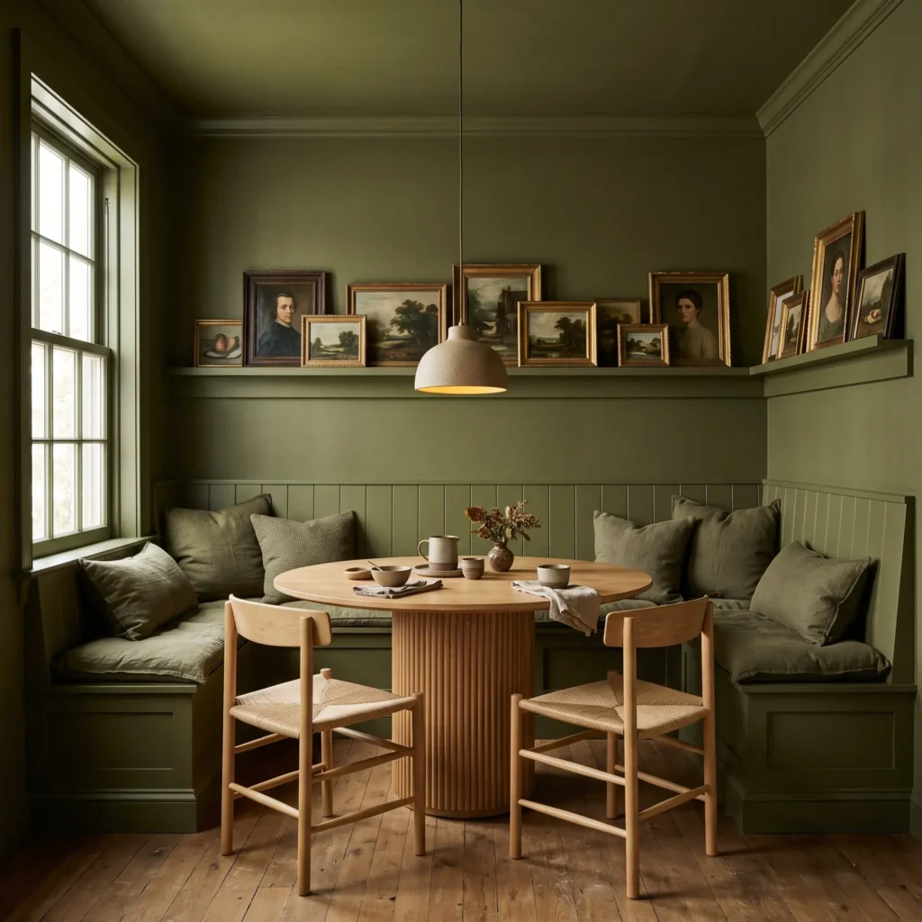 Color-drenched olive green breakfast nook with matching painted trim, bench seating, and ribbed dining table.